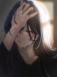  1girl absurdres black_hair black_shirt collarbone hand_on_own_face highres idolmaster idolmaster_shiny_colors indoors long_hair looking_ahead one_eye_covered paddy_field shirase_sakuya shirt solo teardrop tears upper_body very_long_hair 