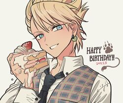  1boy black_necktie blonde_hair cake cake_slice collared_shirt dated dramatical_murder earrings food fruit hand_up happy_birthday highres holding holding_food jewelry long_sleeves looking_at_viewer male_focus meremero necktie open_mouth plaid plaid_vest shirt simple_background smile solo spiky_hair strawberry tan upper_body vest virus_(dramatical_murder) white_background white_shirt 