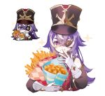  1girl bare_shoulders chevreuse_(genshin_impact) detached_sleeves dress earmuffs earmuffs_around_neck eating eyepatch food food_on_face genshin_impact gloves hat highres long_hair looking_at_viewer multicolored_hair nunnunnnnnnnu purple_hair red_dress shako_cap streaked_hair two-tone_hair very_long_hair violet_eyes white_gloves white_hair 