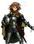  1girl armor armored_legwear blush brown_hair cape commentary cuirass full_armor gauntlets grey_eyes helmet highres holding holding_helmet holding_sword holding_weapon looking_at_viewer medium_hair original parted_lips sheath simple_background smile solo standing sword unsheathed vile_domple weapon white_background yellow_cape 