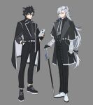  2boys alternate_costume black_footwear black_gloves black_hair black_necktie black_pants blue_hair cane cellphone closed_mouth fingerless_gloves genshin_impact gloves grey_background grey_hair hair_ribbon hand_in_pocket highres holding holding_cane holding_phone long_hair long_sleeves looking_at_viewer male_focus multicolored_hair multiple_boys necktie neuvillette_(genshin_impact) pants papajay_(jennygin2) phone pointy_ears ribbon shoes simple_background smartphone standing very_long_hair white_footwear wriothesley_(genshin_impact) 