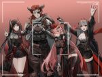  1boy 3girls absurdres arknights black_hair closed_eyes controller demon_boy demon_girl demon_horns demon_tail eyepatch grey_hair highres hoederer_(arknights) holding holding_remote_control horns ines_(arknights) multiple_girls pink_hair redhead remote_control sweatdrop tail taking_picture ursula_(arknights) v w_(arknights) 