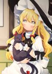  1girl animal apron black_headwear black_vest blonde_hair blush bow braid cat closed_mouth commentary_request frilled_headwear hat hat_bow highres holding holding_animal holding_cat indoors kaenbyou_rin kaenbyou_rin_(cat) kirisame_marisa long_hair looking_at_viewer multiple_tails puffy_short_sleeves puffy_sleeves red_eyes shirt short_sleeves single_braid sleeve_bow tail tail_bow tail_ornament touhou turtleneck two_tails uchisaki_himari very_long_hair vest waist_apron white_apron white_bow white_shirt witch_hat wrist_cuffs yellow_eyes 