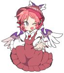  1girl animal_ears bird_ears bird_wings blush brown_headwear earrings grey_eyes hat highres ini_(inunabe00) jewelry looking_at_viewer mystia_lorelei one_eye_closed open_mouth pink_hair short_hair simple_background single_earring smile solo touhou white_background white_wings winged_hat wings 