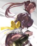  1girl alcohol black_dress bottle breasts bridal_gauntlets brown_eyes brown_hair cowboy_shot dress fire_emblem fire_emblem_fates fire_emblem_heroes glass_bottle hair_over_one_eye holding kagero_(fire_emblem) kagero_(halloween)_(fire_emblem) large_breasts long_hair long_sleeves looking_at_viewer looking_back maid maid_headdress official_alternate_costume oh01861884 ponytail puffy_sleeves simple_background solo thigh-highs wine wine_bottle 