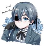  1boy bishounen black_gloves black_ribbon blue_flower blue_hair blue_jacket character_name ciel_phantomhive closed_mouth earrings expressionless eyepatch flower gloves hair_between_eyes hand_on_own_cheek hand_on_own_face highres jacket jewelry kodona kuroshitsuji lolita_fashion ribbon rojineco_nene shirt short_hair signature solo upper_body victorian white_shirt wing_collar 