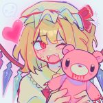  1girl arleccluv blonde_hair drawing flandre_scarlet gloomy_bear hat heart highres ibispaint_(medium) one_eye_closed open_mouth red_eyes solo sparkle stuffed_animal stuffed_toy teddy_bear touhou toy upper_body 