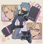  2boys :3 bag blonde_hair blue_eyes blue_hair blue_jacket blue_pants box character_name dramatical_murder earrings full_body gift gift_box glasses hand_on_own_leg hand_up highres jacket jewelry long_hair long_sleeves looking_at_viewer male_focus meremero multiple_boys multiple_views open_mouth pants seragaki_aoba shopping_bag short_hair smile spiky_hair star_(symbol) sweatdrop virus_(dramatical_murder) yellow_eyes 