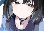  1girl absurdres black_eyes black_hair black_sailor_collar blue_archive blush close-up closed_mouth collarbone hair_between_eyes haori highres japanese_clothes kikyou_(blue_archive) looking_at_viewer portrait rotroto sailor_collar short_hair simple_background solo white_background 