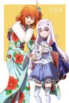  2girls ahoge aiguillette blue_cape blue_dress blue_kimono breasts cape closed_eyes dress fate/grand_order fate_(series) floral_print forked_eyebrows fujimaru_ritsuka_(female) fujimaru_ritsuka_(female)_(ceremonial_new_year) fur_collar highres japanese_clothes kimono long_hair long_sleeves looking_at_viewer melusine_(fate) melusine_(second_ascension)_(fate) multiple_girls obi oiun one_side_up open_mouth orange_eyes orange_hair sash short_hair sidelocks small_breasts smile thigh-highs white_hair white_thighhighs wide_sleeves yellow_eyes 