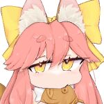  1girl animal_ear_fluff animal_ears blush bow eating fate/samurai_remnant fate_(series) food food_in_mouth fox_ears fox_girl fox_tail hair_bow highres holding holding_food looking_at_viewer ohirunesuki33 pink_hair pixel_art short_eyebrows tail taiyaki tamamo_(fate) tamamo_aria_(fate) thick_eyebrows wagashi white_background white_bow yellow_bow yellow_eyes 
