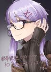  1girl ayakura_juu black_sweater brown_jacket commentary_request glasses grey_background hair_ornament hairclip jacket long_hair looking_at_viewer off_shoulder purple_hair purple_nails sleeves_past_wrists smile solo sweater turtleneck turtleneck_sweater twintails upper_body violet_eyes vocaloid voiceroid yuzuki_yukari 