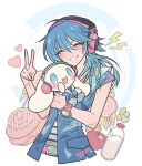  1boy absurdres apple blue_hair blue_jacket blush bottle candy cinnamon_roll cinnamoroll closed_eyes clover cropped_torso crossover dramatical_murder facing_viewer food four-leaf_clover fruit hair_between_eyes hand_up headphones heart highres holding holding_stuffed_toy jacket lollipop long_hair male_focus meremero milk_bottle open_mouth red_apple sanrio seragaki_aoba smile stuffed_toy swirl_lollipop upper_body v watch watch 
