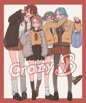  4girls amagi_rinne black_leggings blazer blue_eyes blue_hair blush border brown_cardigan brown_skirt cardigan closed_eyes crazy_b_(ensemble_stars!) dppy_tmg ensemble_stars! full_body genderswap genderswap_(mtf) grey_background grey_hair highres himeru_(ensemble_stars!) jacket leggings multiple_girls oukawa_kohaku pink_hair red_border red_skirt redhead shiina_niki skirt violet_eyes yellow_eyes yellow_jacket 