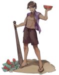 1boy abs absurdres baseball_bat brown_hair brown_shorts food fruit heathcliff_(project_moon) highres holding holding_baseball_bat holding_food holding_fruit jacket limbus_company lk0_71604 looking_at_viewer open_clothes open_jacket open_mouth pectorals project_moon purple_jacket sand sandals shorts simple_background smile solo suikawari violet_eyes watermelon white_background 