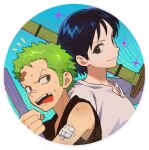  1boy 1girl aged_down bandaid bandaid_on_face bare_shoulders black_eyes blue_hair child closed_mouth commentary_request dark_blue_hair green_hair holding holding_weapon kuina one_piece open_mouth qin_(7833198) roronoa_zoro short_hair smile teeth weapon 