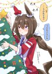  1girl admire_vega_(umamusume) animal_ears brown_hair christmas_tree ear_covers hat horse_ears horse_girl horse_tail long_hair long_sleeves nodachi_(artist) ponytail santa_hat school_uniform single_ear_cover solo star_(symbol) tail tracen_school_uniform translated umamusume violet_eyes 