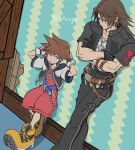  2boys 74nogo arm_belt arms_behind_head belt black_belt black_gloves black_jacket black_pants blue_belt blue_eyes brown_belt brown_hair chain_necklace child closed_mouth cropped_jacket crossed_arms crossed_legs gloves hair_between_eyes indoors jacket jewelry kingdom_hearts light_smile looking_at_another loose_belt male_focus medium_hair multicolored_clothes multicolored_jacket multiple_belts multiple_boys necklace overalls pants parted_bangs parted_lips peeling red_overalls scar scar_on_face scar_on_forehead shirt short_hair short_sleeves sora_(kingdom_hearts) spiky_hair squall_leonhart twitter_username two-tone_jacket wallpaper_(object) white_gloves white_shirt yellow_footwear 