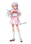  1girl artist_name bow brown_footwear grey_hair hands_on_own_hips kneehighs long_hair looking_at_viewer mutsuba_asaka ochi_marco pink_skirt pleated_skirt red_bow school_uniform serafuku simple_background skirt socks violet_eyes white_background white_socks yu-gi-oh! yu-gi-oh!_go_rush!! 