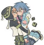  2boys beanie blonde_hair blue_hair closed_mouth dramatical_murder eye_contact eyebrow_piercing green_eyes hair_between_eyes hat headphones headphones_around_neck highres hug jacket lifting_person long_hair long_sleeves looking_at_another male_focus meremero multiple_boys noiz_(dramatical_murder) pants piercing seragaki_aoba short_hair simple_background sweatdrop white_background 