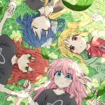  4girls absurdres ahoge black_shirt blonde_hair blue_eyes blue_hair blurry blurry_foreground bocchi_the_rock! bow bowtie commentary_request dappled_sunlight detached_ahoge gotoh_hitori grass green_eyes green_jacket highres holding_hands ijichi_nijika jacket kita_ikuyo leaf long_hair looking_at_viewer lying multiple_girls oekaki_bibbi on_back on_grass open_clothes open_jacket pink_hair red_bow red_bowtie red_eyes redhead shirt short_hair short_sleeves side_ponytail smile sunlight upper_body yamada_ryo 