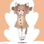  1girl arms_up bird_girl bird_tail bird_wings brown_background brown_hair coat coroha eurasian_eagle_owl_(kemono_friends) feathered_wings full_body gloves head_wings jumping kemono_friends looking_at_viewer shoes short_hair simple_background solo tail thigh-highs wings 