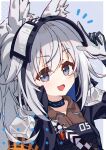  1girl absurdres animal_ear_fluff animal_ears arknights armor black_gloves black_jacket brown_shirt gloves grani_(arknights) grey_hair hand_up highres horse_ears horse_girl infection_monitor_(arknights) jacket long_hair looking_at_viewer notice_lines open_mouth pauldrons shirt shoulder_armor sidelocks solo two-tone_gloves user_xtkk5454 violet_eyes visor_(armor) visor_lift white_gloves 