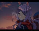  1girl absurdres animal_ears clouds cloudy_sky dawn highres horse_ears horse_girl jenshenya long_hair looking_at_viewer mejiro_mcqueen_(umamusume) night outdoors purple_hair red_scarf ribbon scarf sky solo umamusume violet_eyes 