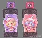  2girls ascot bat_wings black_wings blonde_hair blue_hair chibi closed_mouth fang fang_out flandre_scarlet frilled_sleeves frills full_body fullbottle grey_background hair_between_eyes hat kamen_rider kamen_rider_build_(series) looking_at_viewer lzfvoid medium_hair mob_cap multicolored_wings multiple_girls one_side_up open_mouth pink_ascot pink_shirt pink_skirt puffy_short_sleeves puffy_sleeves red_eyes red_footwear red_skirt red_vest remilia_scarlet shirt short_sleeves siblings simple_background sisters skirt touhou vest white_headwear white_shirt wings yellow_ascot 