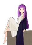  1girl barefoot black_robe blunt_bangs blush closed_mouth commentary_request dress fern_(sousou_no_frieren) from_side hand_rest joylispark knee_up long_hair looking_to_the_side off_shoulder purple_hair robe sidelocks simple_background sitting smile sousou_no_frieren straight_hair violet_eyes white_background white_dress 