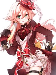  1girl antlers ascot black_gloves blush bow cosplay furina_(genshin_impact) furina_(genshin_impact)_(cosplay) genshin_impact gloves green_eyes hair_between_eyes hand_on_own_hip hat highres jacket long_hair looking_at_viewer parted_lips pink_hair red_bow red_headwear shorts simple_background solo tofu_(0tohuuuu) top_hat white_background white_gloves white_shorts yanfei_(genshin_impact) 