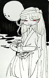  1other androgynous black_sky chinese_commentary closed_mouth commentary_request cup eyelashes feet_out_of_frame food full_body gud_490811 half-closed_eyes headband highres holding holding_cup holding_food japanese_clothes kimono len&#039;en long_hair long_sleeves looking_at_viewer monochrome night night_sky other_focus pointy_ears red_eyes sakazuki sky smile solo spot_color straight_hair taira_no_fumikado traditional_media two-tone_background very_long_hair wide_sleeves 