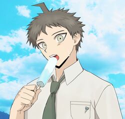  1boy ahoge badge blue_sky breast_pocket brown_eyes brown_hair clouds collared_shirt danganronpa_(series) danganronpa_2:_goodbye_despair food green_necktie hand_up highres hinata_hajime holding holding_food holding_ice_cream ice_cream natsukusa_(hacho129) necktie pocket shirt short_hair sky solo 