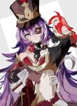  1girl animal bare_shoulders bird chevreuse_(genshin_impact) closed_eyes clothed_animal detached_sleeves dog dress earmuffs earmuffs_around_neck eyepatch genshin_impact hat highres long_hair loomyoi2 multicolored_hair purple_hair red_dress shako_cap sketch smile solo streaked_hair two-tone_hair very_long_hair violet_eyes white_hair 