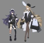  2girls alternate_costume bag black_headwear black_skirt black_thighhighs breasts brown_thighhighs chevreuse_(genshin_impact) closed_mouth crossed_legs drill_hair eyepatch fingerless_gloves full_body genshin_impact gloves grey_background hand_on_own_hip hat high-waist_skirt highres holding holding_bag jacket light_brown_hair long_hair long_sleeves medium_breasts multiple_girls navia_(genshin_impact) open_clothes open_jacket papajay_(jennygin2) purple_hair shopping_bag simple_background single_thighhigh skirt thigh-highs very_long_hair violet_eyes watson_cross 