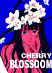  1girl black_hair blue_background blue_eyes blunt_bangs branch cherry_blossoms close-up commentary_request green_nails highres light_smile long_hair looking_at_viewer nico_robin one_piece simple_background solo ttongyyu upper_body 