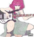  1girl @_@ bare_shoulders bass_guitar black_nails blunt_bangs bocchi_the_rock! cai-man collarbone dress geta green_dress hair_over_shoulder hiroi_kikuri instrument looking_at_viewer low-braided_long_hair pink_eyes pink_hair playing_guitar smile solo white_background 