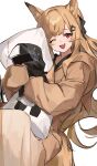 1girl ;d absurdres animal_ears arknights brown_pajamas ceobe_(arknights) commentary_request dakimakura_(object) doctor_(arknights) dog_ears feet_out_of_frame hair_ribbon highres holding holding_pillow long_hair long_sleeves looking_at_viewer one_eye_closed open_mouth orange_hair pajamas pillow red_eyes ribbon shiro_wa_(shiroshironix) simple_background sleeves_past_wrists smile solo very_long_hair white_background 