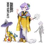  1girl absurdres alternate_costume anabel_(pokemon) character_name closed_mouth commentary drop_earrings earrings english_text eyelashes full_body highres japanese_clothes jewelry kimono new_year pink_lips pokemon pokemon_(creature) pokemon_sm purple_hair raging_bolt reference_inset rhymewithray short_hair simple_background single_earring standing violet_eyes white_background yellow_kimono 