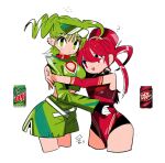  2girls cleavage_cutout closed_mouth clothing_cutout cowboy_shot cropped_jacket dr_pepper ear_piercing expressionless green_eyes green_hair green_jacket hair_between_eyes highres hug humanization jacket leotard maymay_pic mountain_dew multiple_girls open_mouth photo_inset piercing red_eyes redhead simple_background sketch soda white_background 