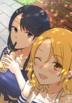  1_rt_de_nakawarui_nonke_joshi-tachi_ga_1-byou_kiss_suru 2girls black_hair blonde_hair blue_eyes blush bubble_tea collarbone commentary_request cup disposable_cup earclip earrings fukuroumori hair_between_eyes hair_ornament hairclip highres holding holding_cup jewelry long_hair looking_at_viewer medium_hair multiple_girls one_eye_closed open_mouth outdoors pendant selfie yellow_eyes 