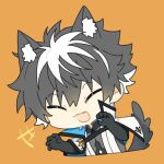  +++ 1boy :d animal_ear_fluff animal_ears black_gloves black_hair black_tail cape charlemagne_(fate) chibi claw_pose closed_eyes fang fate/grand_order fate_(series) gloves hair_between_eyes highres idass_(idass16) kemonomimi_mode male_focus multicolored_hair open_mouth short_hair simple_background smile solo streaked_hair tail two-tone_hair upper_body white_cape white_hair 