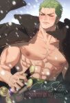  1boy crezz_(infj_crezz) earrings green_hair hair_slicked_back highres holding jewelry male_focus muscular one_piece roronoa_zoro scar scar_across_eye scar_on_chest scar_on_face short_hair sideburns solo sword toned toned_male weapon 