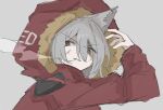  1girl animal_ears arknights brown_eyes enunomiya fur-trimmed_hood fur_trim grey_background grey_hair hair_between_eyes hand_up highres hood hood_up hooded_jacket jacket long_sleeves looking_at_viewer projekt_red_(arknights) red_jacket simple_background sketch solo upper_body v-shaped_eyebrows wolf_ears wolf_girl 