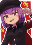  +++ 1girl absurdres armband black_coat black_headwear black_necktie blush_stickers breasts bright_pupils coat collared_shirt commentary_request cookie_(touhou) fingernails geru_futota hand_up hat highres long_sleeves looking_at_viewer medium_bangs necktie open_mouth outline peaked_cap purple_hair raised_eyebrow red_background remilia_scarlet shirt short_hair small_breasts smile solo tatamaru5382 teeth touhou two-tone_background upper_body upper_teeth_only violet_eyes white_background white_outline white_pupils white_shirt 