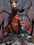  1girl animal arthropod_limbs blonde_hair bow brown_bow brown_dress bug butterfly closed_mouth dress hair_bow highres kurodani_yamame long_sleeves nubezon pinafore_dress ponytail shirt short_hair silk skull sleeveless sleeveless_dress solo spider_web touhou white_shirt 