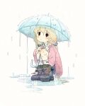  1girl black_eyes blonde_hair blush boots expressionless full_body futaba_anzu holding holding_umbrella idolmaster idolmaster_cinderella_girls jacket long_hair looking_at_viewer low_twintails nendo23 pink_jacket puddle rain solo squatting twintails umbrella 