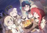 4girls black_hair blonde_hair blue_archive blue_eyes camping chihiro_(blue_archive) chihiro_(camp)_(blue_archive) closed_eyes closed_mouth dutch_angle earmuffs food green_eyes grey_hair hare_(blue_archive) hare_(camp)_(blue_archive) hat highres kotama_(blue_archive) kotama_(camp)_(blue_archive) long_hair maki_(blue_archive) maki_(camp)_(blue_archive) multiple_girls night official_alternate_costume official_alternate_hairstyle open_mouth outdoors redhead scarf shan_(ti0n) short_hair smile tent violet_eyes