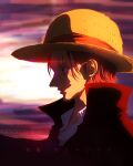  1boy 2022 absurdres artist_name black_coat black_eyes closed_mouth coat commentary from_side hat highres male_focus one_piece redhead runin-0 scar scar_across_eye scar_on_face shanks_(one_piece) short_hair smile solo straw_hat 
