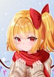  1girl 2091966 absurdres blonde_hair flandre_scarlet hair_ribbon highres red_eyes red_ribbon ribbon scarf short_hair side_ponytail smile snow solo sweater touhou upper_body 